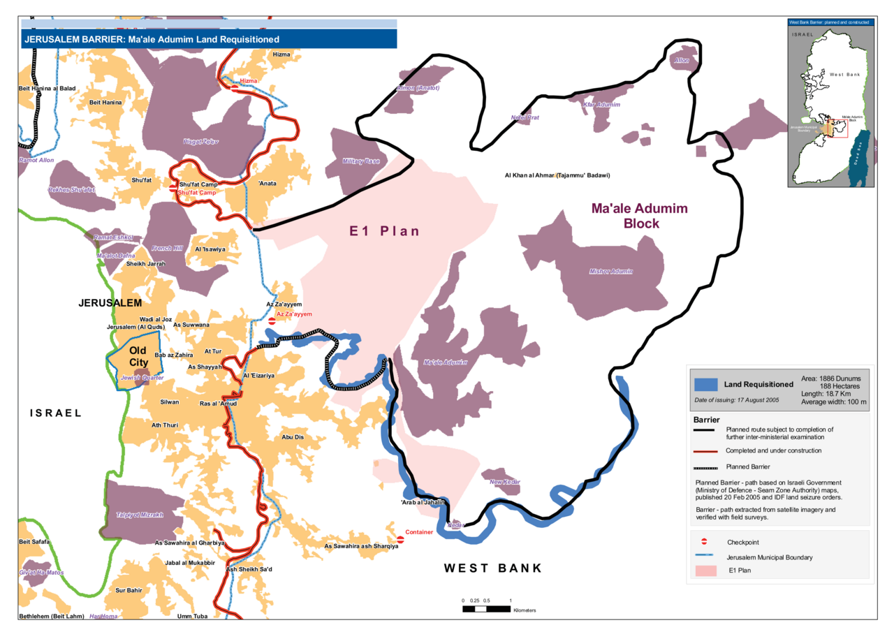 Historical map showing the E1 plan between Jerusalem and Ma’ale Adumim, with the barrier routes and land requisitions recorded in August 2005.