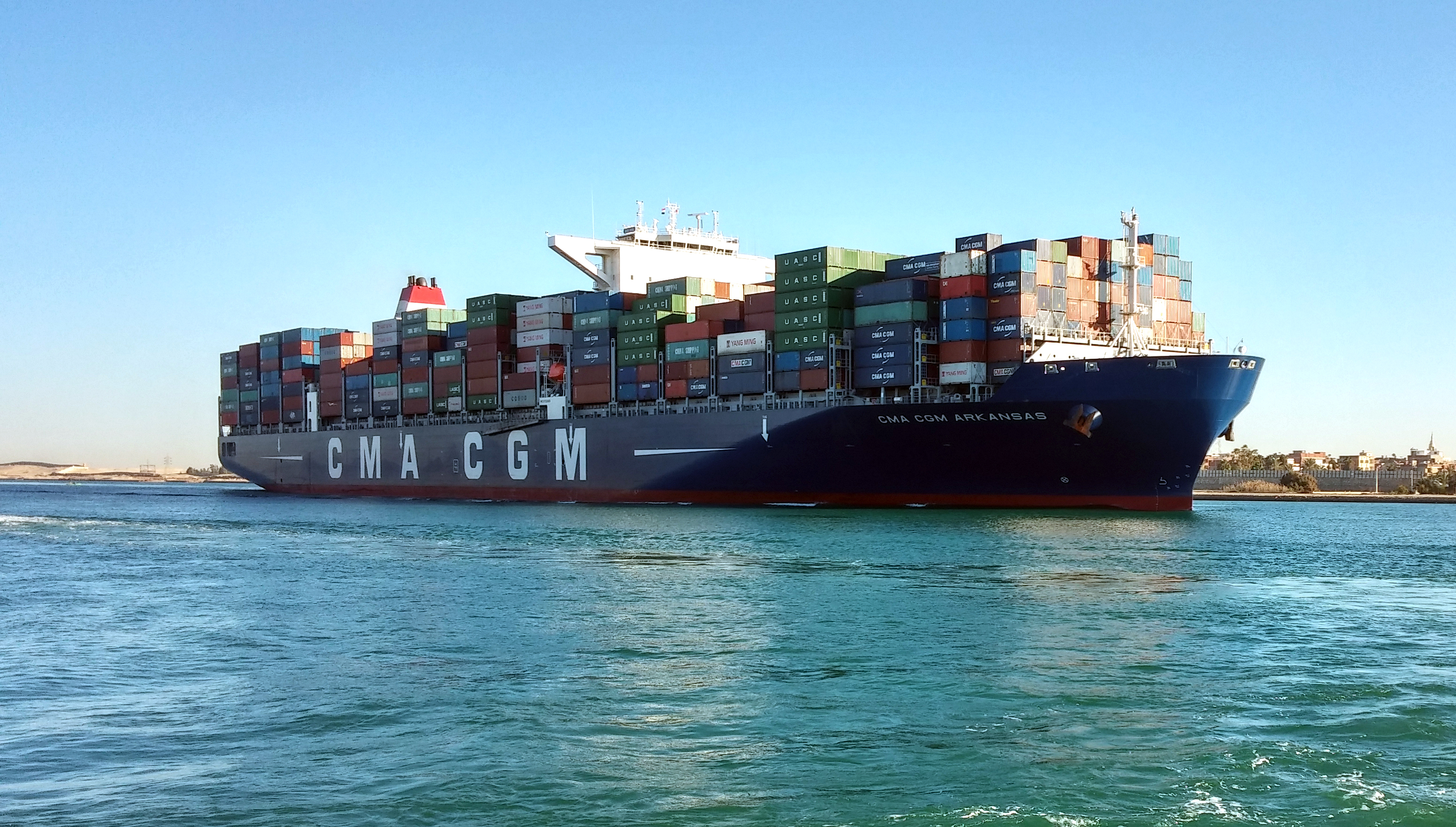 Container ship CMA CGM Arkansas transits the Suez Canal.